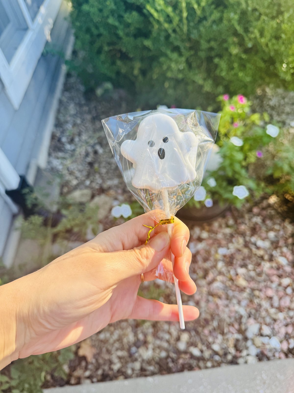 Ghost cake pop held outdoors in the garden light