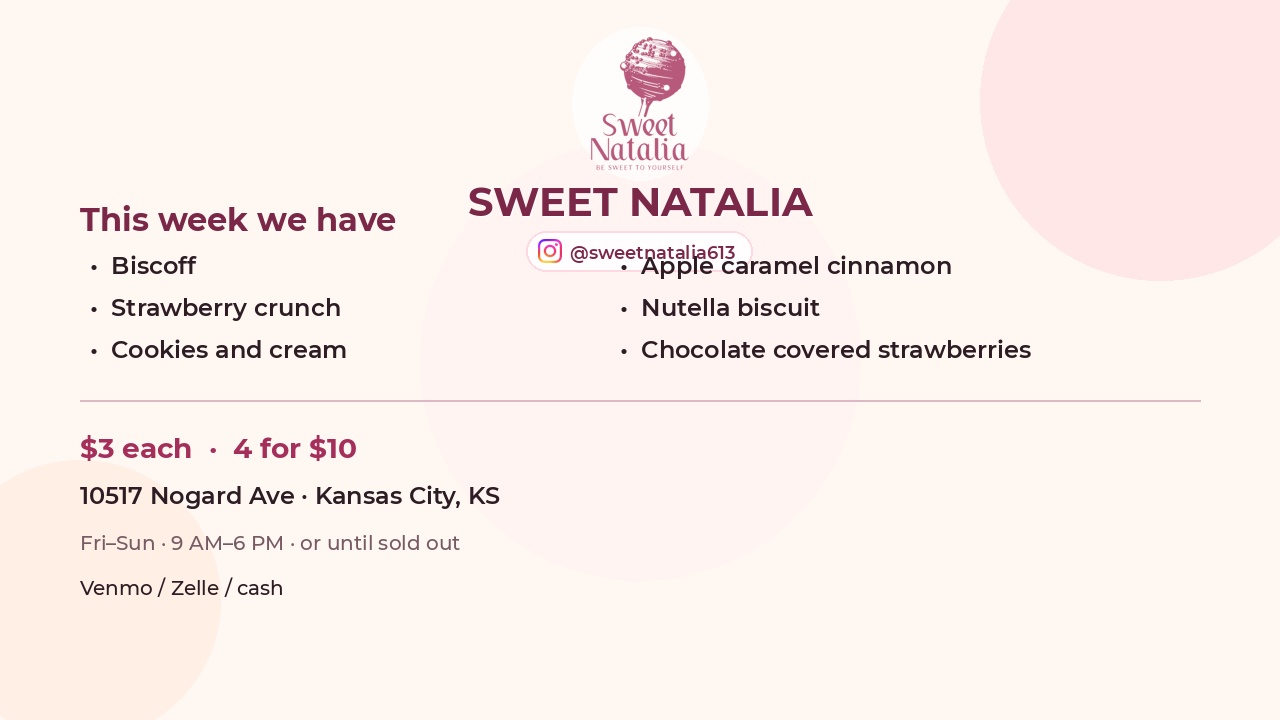 Weekend stand end card with address and hours